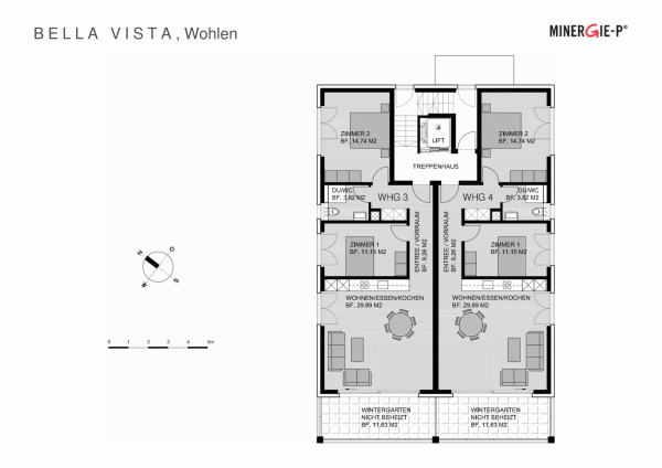 Plan Mehrfamilienhaus 1. Obergeschoss 3 ½-Zimmer-Wohnungen 3 und 4